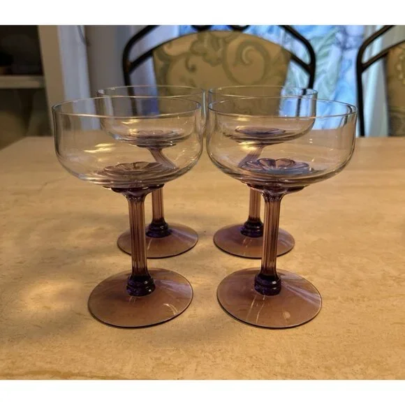Set Of 4 Vtg. Fostoria Corsage Plum Purple Flower Stem Crystal Champagne Glasses